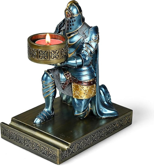 King's Guard Kneeling Knight Candlestick Holders Resin Posture TeaLight Holder Warrior Mobile Phone Stand Pen Holder Candle Holder for Restaurant, Altar, Home Table(Blue)-DeskLoop Office