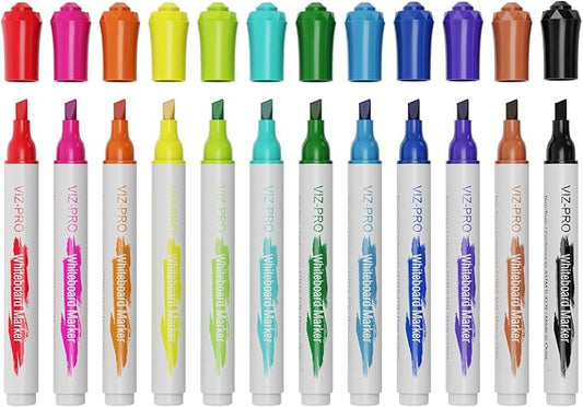 VIZ-PRO Dry Erase Markers, Chisel Tip, Assorted Colors, 12-Count Low-Odor Whiteboard Pens-DeskLoop Office