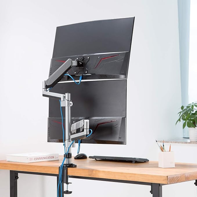AVLT Dual 17"-32" Stacked Monitor Arm Desk Mount for 2 Flat or Curved Screens, Full Motion Height Adjustable with Swivel, Tilt, Rotation, Extra Tall, VESA, C-Clamp or Grommet Base-DeskLoop Office