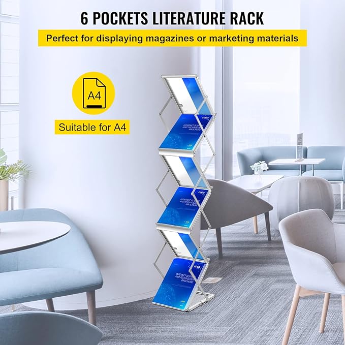 VEVOR Literature Rack, 6 Pockets, Pop up Aluminum Magazine Rack, Lightweight Catalog Holder Stand w/Carrying Bag for Living Room, Hotel, Trade Show, Exhibition, Office-DeskLoop Office