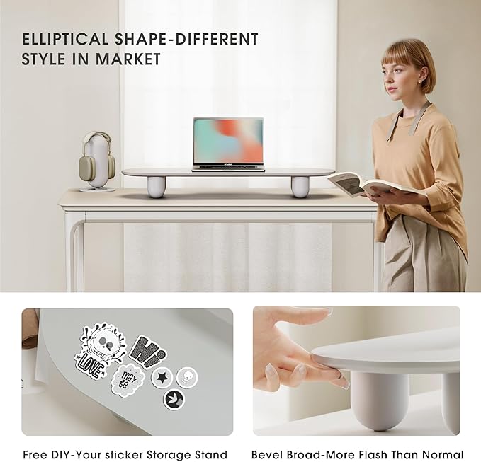 Fenge Monitor Stand Riser, 34 Inch Dual Monitor Riser for Large Monitors, Desk Organizer with Wooden Shelf & Solid Wood Legs, Computer Stand for Laptop, TV, PC, Printer, White-DeskLoop Office