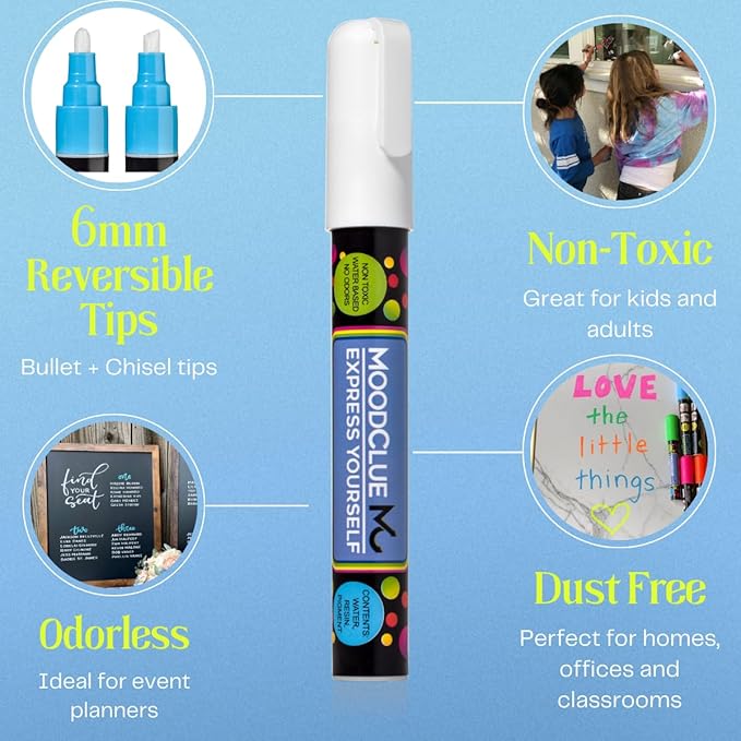 Liquid chalk markers 12 neon erasable Whiteboards, glass boards, chalkboards, windows, mirrors, car windshields, auto, glass. Odorless, non-toxic. Wet or dry erase. Thick and thin tip-DeskLoop Office