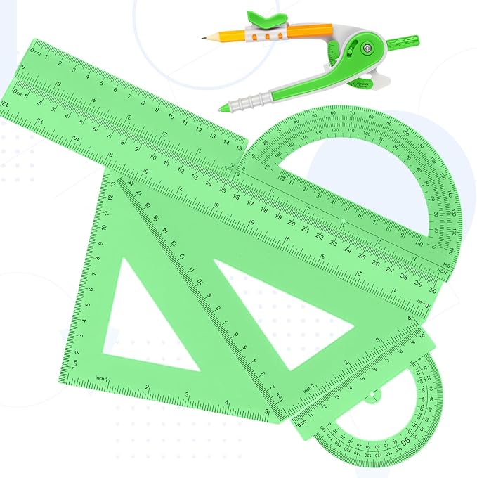 Zonon 1 Set Plastic Geometry Math Set 7 Pcs Includes 6'' / 4 '' Protractor, Drawing Compass, 45/60 Degree Triangle Rulers, 12'' / 6'' Math Ruler Transparent for Office Supplies(Green)-DeskLoop Office