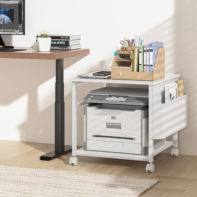 Lerliuo Large Printer Stand with Storage Shelf, 23.6 x 23.6 x 22.8 Industrial Printer Table for Home Office, Rolling Printer Cart Holder with Lockable Wheels, Mobile Mini Fridge Stand Table (White)-DeskLoop Office