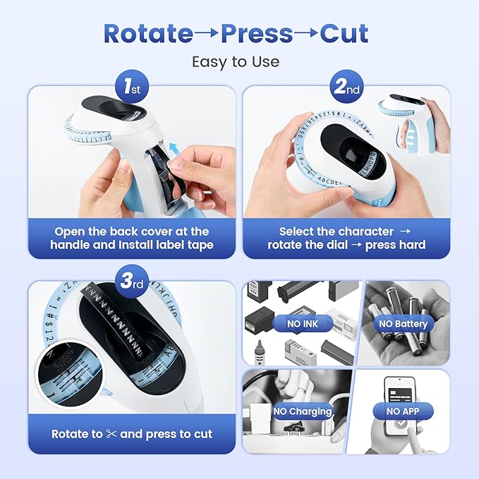 Embossing Label Maker ,Vintage Embossed Label Maker Machine with Tapes,Manual Retro Labeler ,Old School Embosser with 3 Rolls 9mm 3D Embossing Tapes for Home Marking Office Kids DIY Crafting - Blue-DeskLoop Office