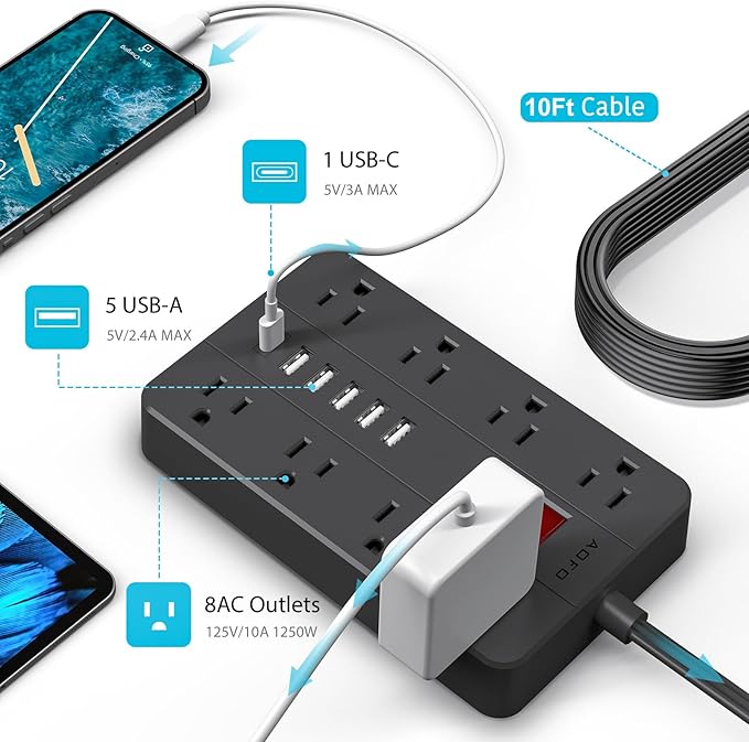 10ft Extension Cord Long Power Strip,AOFO 8 Widely-Spaced Outlets & 6 USB(1 USB C) Ports Flat Plug Power Strip,Power Cord for Wall Mountable and Desktop Black