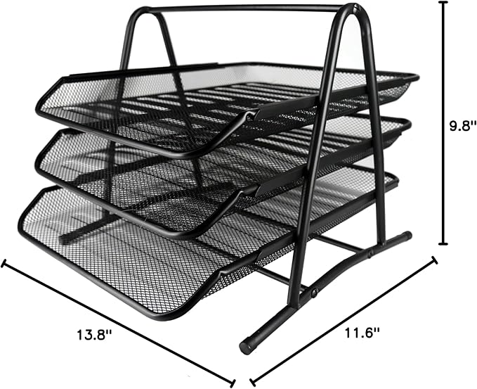 Huron Desktop Horizontal File Binder Organizer Storage Letter Tray, 3 Slot, Black Steel Mesh-DeskLoop Office