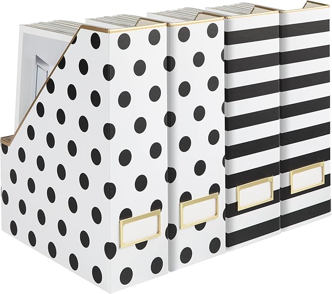 BLU MONACO Set of 4 Stylish Magazine File Boxes - 2 Black and White Stripes and 2 Polka Dots - Office Organization and Storage, Paper Organizer for Desk - Workspace and Classroom Organization-DeskLoop Office