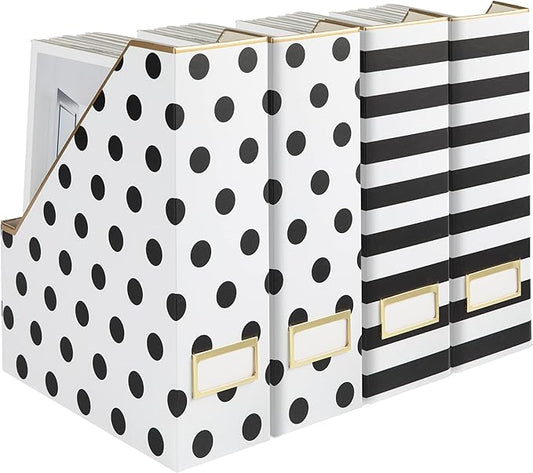 BLU MONACO Set of 4 Stylish Magazine File Boxes - 2 Black and White Stripes and 2 Polka Dots - Office Organization and Storage, Paper Organizer for Desk - Workspace and Classroom Organization-DeskLoop Office