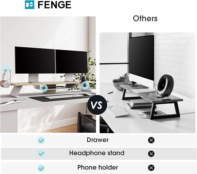 Fenge Dual Monitor Stand, 42.5 Inch Monitor Riser for Desk, Wood Desk Shelf for 2 Monitors, 2 Tier Monitor Shelf with Headphone Stand & Phone Holder-DeskLoop Office