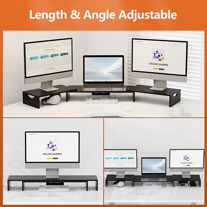 Triple Monitor Stand Riser, Extra Long Monitor Riser for 1~2~3 Monitors, Dual Monitor Stand with Length and Angle Adjustable, 3 Shelf Monitor Stand for Desk-DeskLoop Office