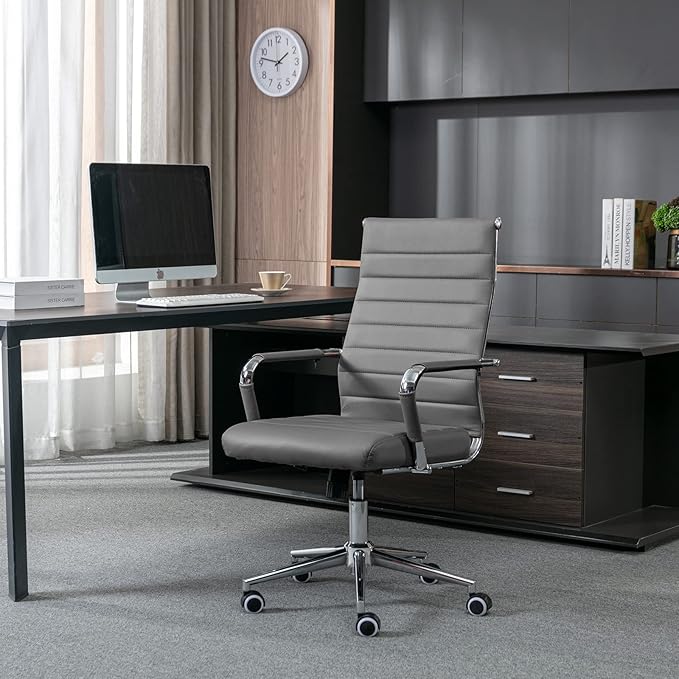 Home Office Chair Ribbed, Modern Leather Conference Waiting Room Chairs,Ergonomic Office Desk Chair, High Back Executive Computer Chair, Adjustable Swivel Chair with Arms (Gray)-DeskLoop Office