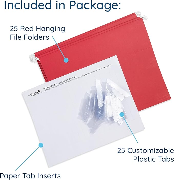 25 Blue Summit Supplies Red Hanging File Folders Letter Size – Durable 11pt Paper, Plastic Tabs and Inserts Included, Fits Standard Filing Cabinets and Desktop Organizers-DeskLoop Office