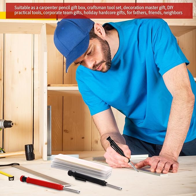 8 pack 2.8mm Mechanical Carpenter Pencils with 48 Refills, Construction Pencils with Built-in Sharpener, Long Nib Deep Hole Marker, Heavy Duty Woodworking Tools (Black+red)-DeskLoop Office