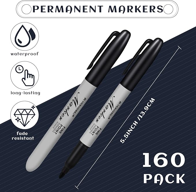 Thenshop 160 Pack Permanent Markers Bulk Black Permanent Marker Set Fine Point Pens Work on Wood, Metal, Stone, Glass-DeskLoop Office