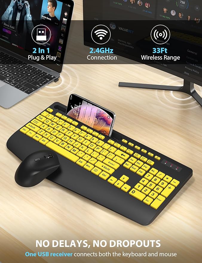 Wireless Keyboard and Mouse Combo - Large Print Ergonomic Keyboard with Wrist Rest, Phone Holder, Sleep Mode, Silent 2.4GHz Keyboard Mouse Set for Computer, Laptop, PC, Mac, Windows - Trueque-DeskLoop Office
