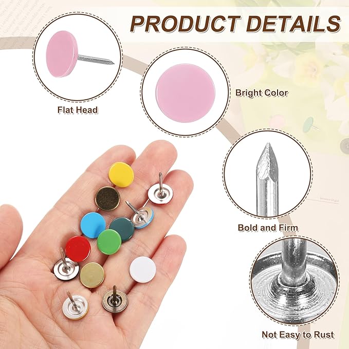 uxcell 120Pcs Push Pins, 11mmx17mm Round Flat Head Decorative Thumb Tacks Upholstery Tacks for Cork Board Office Wall Hangings, Pink-DeskLoop Office