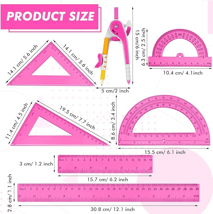 Zonon 1 Set Plastic Geometry Math Set 7 Pcs Includes 6'' / 4 '' Protractor, Drawing Compass, 45/60 Degree Triangle Rulers, 12'' / 6'' Math Ruler Transparent for Office Supplies(Pink)-DeskLoop Office