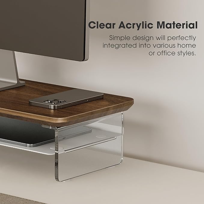 Fenge Acrylic Monitor Stand Riser, 23.6 Inches Monitor Stand with Metal Storage, 2 Tier Acrylic Computer Riser for Desk, Clear Laptop Stand for PC, Laptop, Printer, TV-DeskLoop Office