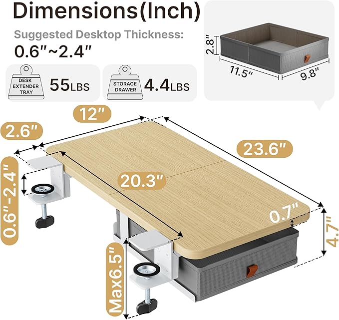 Desk Extender Tray, 24" x 12" Clamp On Desk Shelf, Desk Extension with Storage Drawer, Table Desk Arm Rest, Clamp On Keyboard Tray for Office and Home, Workstation Organizer, Medium, Wood-DeskLoop Office