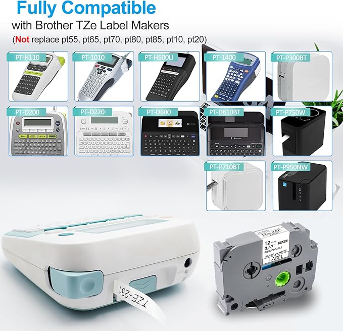 8P Flexible Label Tapes Compatible with Brother P Touch Label Tape TZe-FX231 Tape 12mm 0.47 Laminated White, Flexible-ID Wire Cable Labels Compatible with Brother Ptouch PT-D210 PT-D400 PTH100-DeskLoop Office