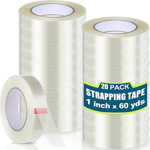 Treela 20 Rolls 1 Inch x 60 Yards Filament Strapping Tape Transparent Reinforced Fiberglass 5.5 Mil Heavy Duty Packing Shipping Tape for Sealing Binding Fixing-DeskLoop Office