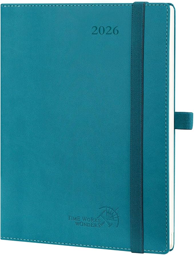 POPRUN 2026 Planner (Medium - 6.5'' x 8.5'') - 2026 Weekly Calendar ((Jan. 2026 - Dec. 2026) with Hourly Time Slots, Weekly/Monthly Appointment Book for Time Management - Leather Soft Cover - Pacific Green-DeskLoop Office