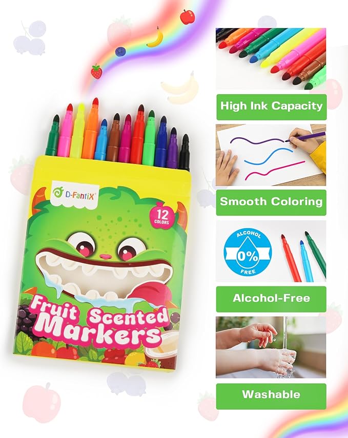 D-FantiX 12 Packs Fruit Scented Washable Markers for Kids Toddlers, 144 Count Coloring Markers Set, Bulk Art Supplies, Back to School Supplies, Gifts for Party Favors, Classroom Prizes, Donations-DeskLoop Office