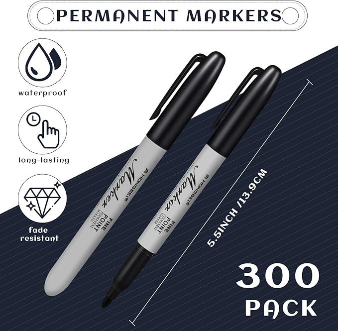 Thenshop 300 Pack Permanent Markers Bulk Black Permanent Marker Set Fine Point Pens Work on Wood, Metal, Stone, Glass-DeskLoop Office
