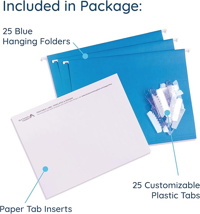 Blue Summit Supplies Hanging File Folders, 25 Reinforced Hang Folders, Designed for Home and Office Color Coded File Organization, Letter Size, Blue, 25 Pack-DeskLoop Office