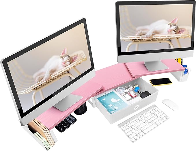 Dual Monitor Stand Riser With Drawer & Metal Leg, Large Desk Shelf For 2 Monitors w/ Adjustable Length & Angle, Desktop Organizer For Laptop/TV/Printer-DeskLoop Office