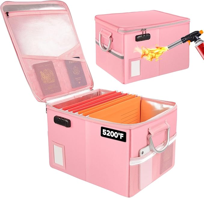 TOMKID 5200°F Fireproof Document Box, Fire Important Document Organizer with Lock, Upgraded Heat Insulated Filing Storage Cabinet Office Organization (5200°F Fireproof Box, Pink)-DeskLoop Office