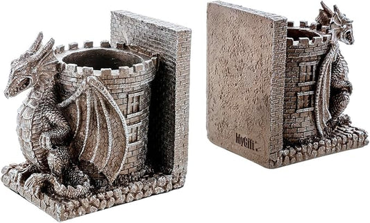 MyGift Gothic Brown Resin Dragon Guarding Castle Pencil Cup Bookends, Office Desk Book Ends with Decorative Fantasy Dragons and Stone Tower Pen Holders, 1 Pair-DeskLoop Office