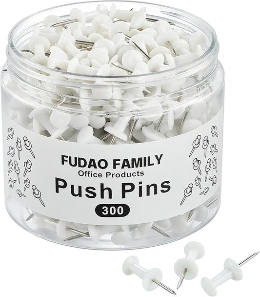 FUDAO FAMILY 300pcs Push Pins for Bulletin Board, Thumb Tacks for Wall Corkboard, Map Pins - Home Office Craft Projects Plastic Head Steel Push Pin (White)-DeskLoop Office