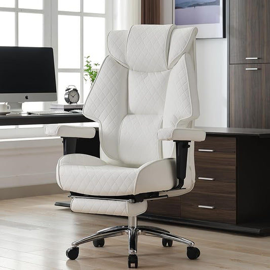 Big and Tall Office Chair with Footrest, PU Leather High Back Executive Office Chair 400lbs, Ergonomic Computer Chairs Lumbar Support for Heavy People (White)-DeskLoop Office