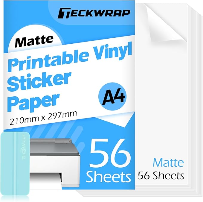 TECKWRAP Printable Vinyl Sticker Paper for Inkjet Printer, Matte Inkjet Printable Vinyl, 8.26" x 11.69" A4 56 Sheets/Pack Photo Paper for Craft Scrap-Booking, Stickers, Labels-DeskLoop Office