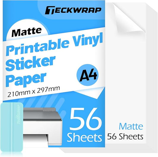TECKWRAP Printable Vinyl Sticker Paper for Inkjet Printer, Matte Inkjet Printable Vinyl, 8.26" x 11.69" A4 56 Sheets/Pack Photo Paper for Craft Scrap-Booking, Stickers, Labels-DeskLoop Office