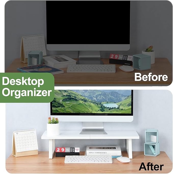 TEAMIX 24 inch Monitor Stand Riser, White Wood & Steel Computer Monitor Stand with Storage, Laptop, PC, Printer Stand Riser for Desktop Office Desk Organizers-DeskLoop Office