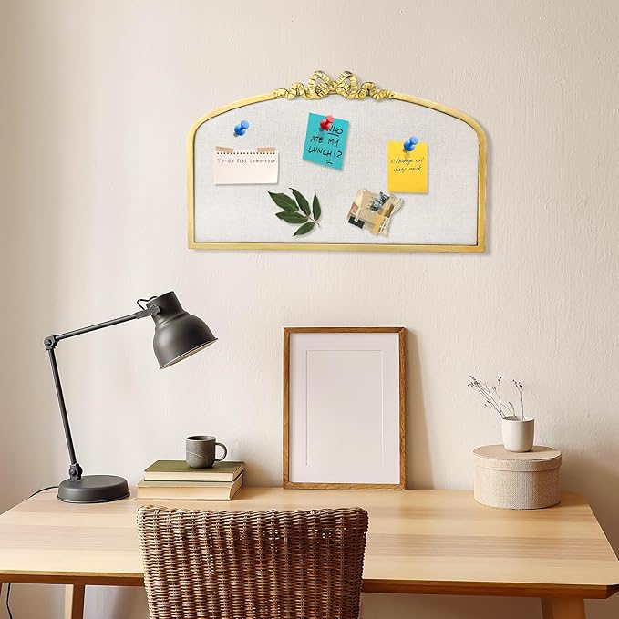 Vintage Arched Linen Cork Board with Gold Bowknot – Decorative Bulletin Board for Walls, Iron Frame Pin Board for Notes, Photos & Reminders, Elegant Vision Board for Home & Office 24"x 15"-DeskLoop Office