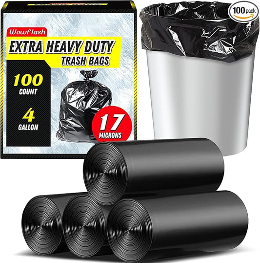 100 Count 17 Micron Extra Heavy Duty 4 Gallon Trash Bags, Sturdy & Tear-Resistant Small Trash Bags for Bathroom & Kitchen-DeskLoop Office