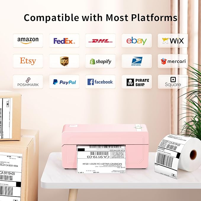 JADENS Bluetooth Thermal Label Printer 4x6, Pink Wireless Shipping Label Printer for Small Business & Packages, Compatible with iOS, Android, Mac, Windows, Amazon, Etsy, Ebay, Shopify-DeskLoop Office