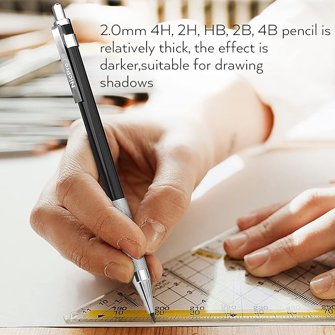 Nicpro 17PCS Metal 2mm Mechanical Pencil Set in Leather Case, 5 PCS 2.0 mm Lead Pencil Holders (4B 2B HB 2H 4H) 6 Tube Black Colored Lead Refills, Erasers, Sharpener For Art Drafting Sketching Drawing-DeskLoop Office