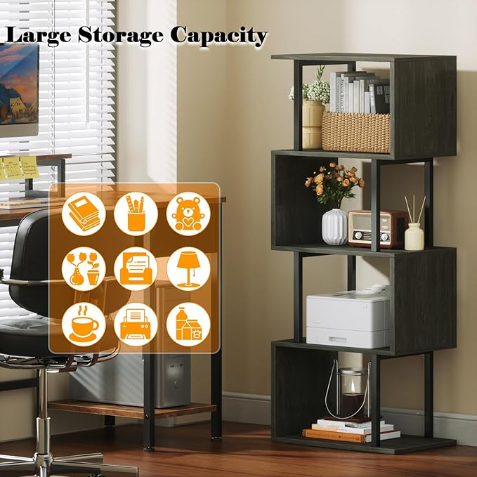 Furologee Geometric Bookshelf 5 Tier Bookcase, Industrial S-Shaped Display Storage Shelf for Small Space, Tall Metal Wood Decorative Standing Shelves for Bedroom, Living Room, Office, Black Oak-DeskLoop Office