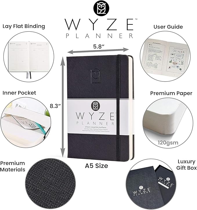 Undated Daily Planner – 3-Month A5 Productivity Organizer with Full Page Per Day, Hourly Schedule, Goal Setting, Habit Tracker, Weekly & Monthly Pages – Hardcover Time Management Notebook (Black)-DeskLoop Office