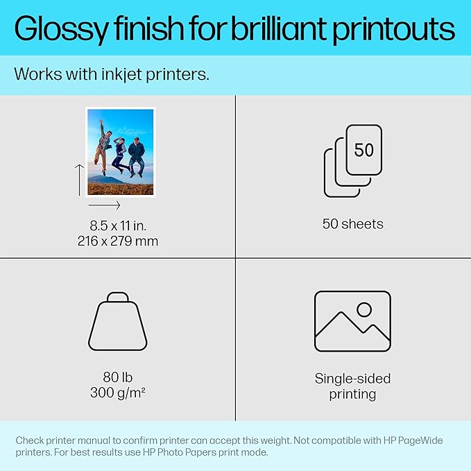 HP Premium Plus Photo Paper, Glossy, 8.5x11 in, 50 sheets (CR664A), White, Pack 1