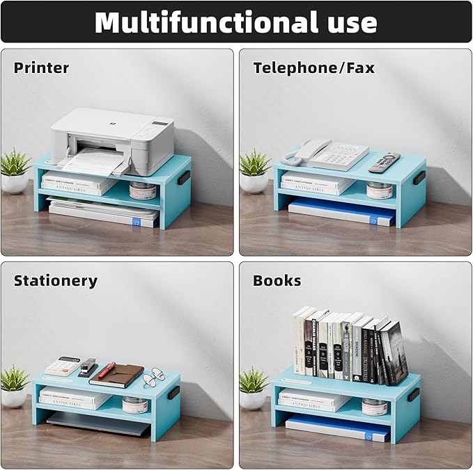 Marbrasse Monitor Stand Riser, 16.5 Inch 2 Tier Computer Printer Shelf Stand for Laptop Computer Screen Storage, Desktop Stand with Phone Holder and Cable Management (Blue)-DeskLoop Office