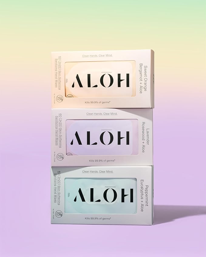ALŌH Sweet Orange Bergamot + Aloe Sanitizing Hand Wipes - Clean Hands, Clear Mind - On The Go Hand Sanitizing Wipes for Kids and Adults - Travel Size 3 Pack 20ct Wipes (60 wipes)-DeskLoop Office