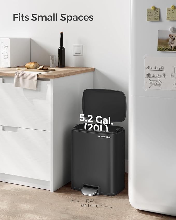 SONGMICS Trash Can, Garbage Can with Lid, 5.2-Gallon (20L) Step Trash Bin for Kitchen, Stainless Steel, Soft Close and Stays Open, Inner Bucket, Includes 15 Trash Bags, Black ULTB543B01-DeskLoop Office