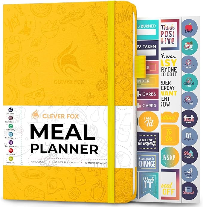 Clever Fox Weekly Meal Planner - Weekly & Daily Meal Prep Journal with Shopping and Grocery Lists for Menu Planning, Healthy Diet & Weight Loss Tracking, Lasts 1 Year, Undated, A5 - Amber Yellow-DeskLoop Office