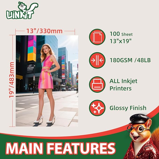Uinkit Glossy Photo Paper 13x19inches100 Sheets 180Gsm 48lbs Professional Glossy Photographic Paper Compatible with Inkjet Printer Use DYE INK 180GSM-DeskLoop Office